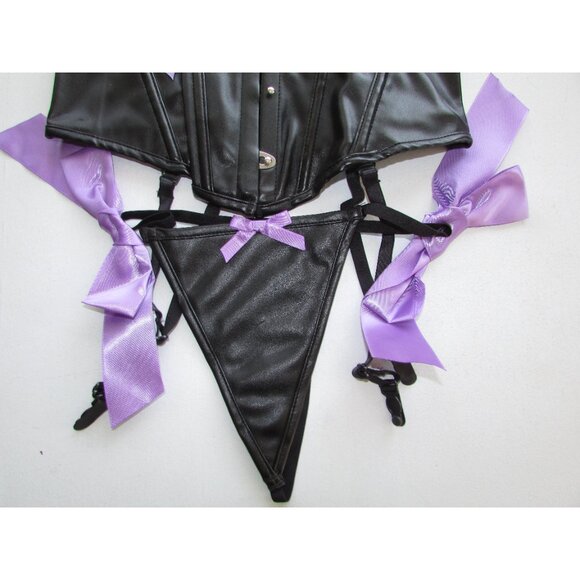 Black Pleather Purple Ribboned Corset Set - NEW - Picture 5 of 11